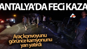 Freni boşalan kamyonun sürücüsü, araç konvoyunu görünce kamyonunu yan yatırdı