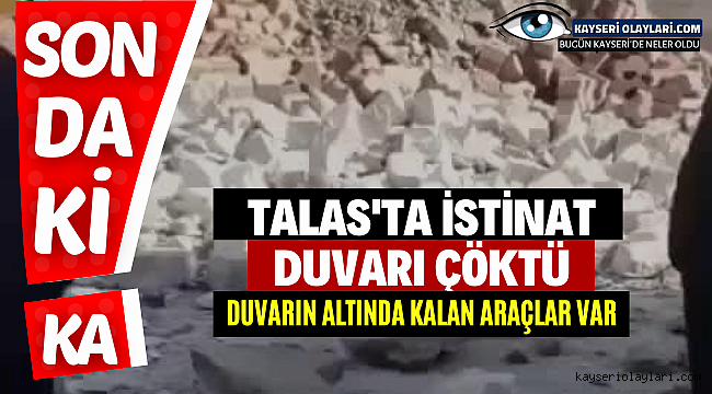  Kayseri'de istinat duvarı çöktü Duvarın altında araçlar kaldı