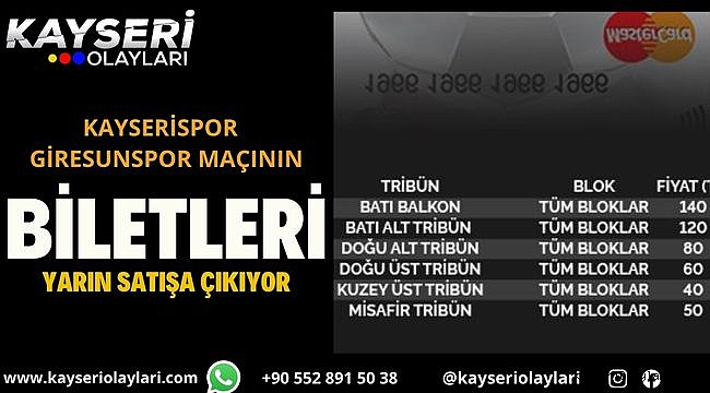 Kayserispor – Giresunspor maçının biletleri yarın satışa çıkacak! İşte Fiyat Listesi