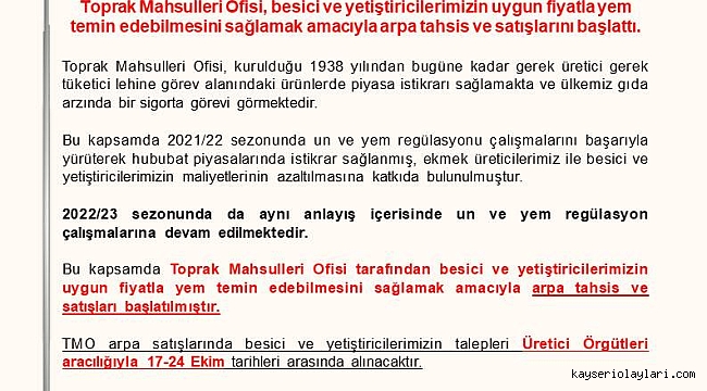 TMO ARPA TAHSİS VE SATIŞLARINI BAŞLATTI