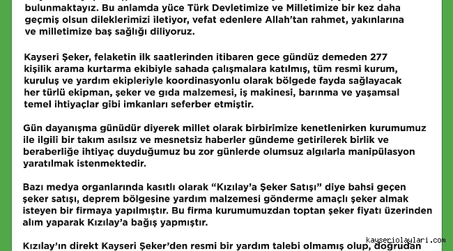 KAYSERİ ŞEKER'DEN AÇIKLAMA