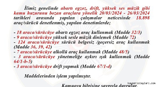 1 haftada 18 bin 898 araç denetlendi